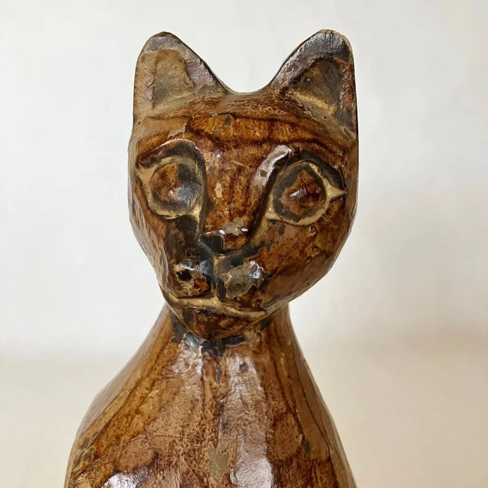 Wooden Kitty Cat Statue Figurine Brown Carved Wood Sitting Animal Sculpture Cute